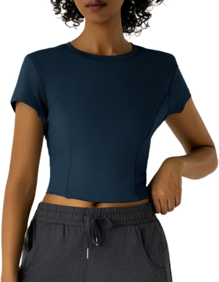 Workout Tops for Women Athletic Tops Short Sleeve Shirts-Cropped Slim Fit Gym Running Yoga T Shirts (Blue, S)