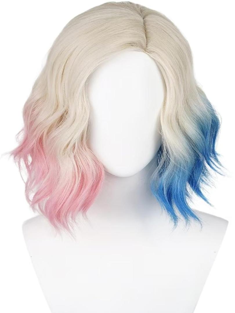 Short Curly Blonde Pink Blue Wave Wig Women's Side Part Costume Wigs Synthetic Hair for Halloween Party