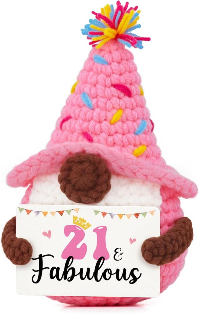 21st Birthday Gifts for Her, 21st Birthday Decorations - Handmade Positive Crochet Gnomes, 21 & Fabulous Bday Gifts for Women Daughter Best Friend Bestie Sister