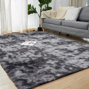 Large 6x9 Area Rugs for Living Room, Indoor Shaggy Rugs for Bedroom, Anti-Slip Fluffy Shag Rugs Fuzzy Furry Plush Rugs for Kids Girls Room Decor, Tie-Dyed Dark Grey