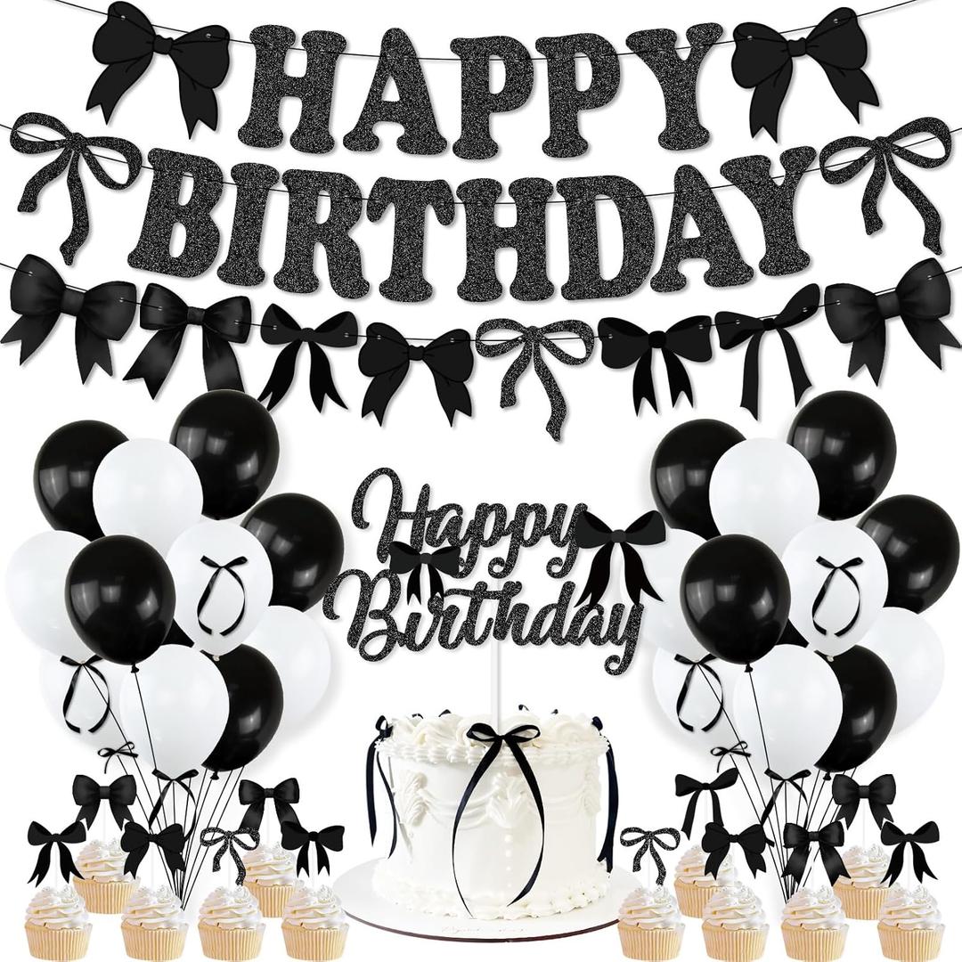 Black Bow Birthday Party Decorations, Girl Bow Birthday Decortions, Black White Balloons, Bows Banner Garland, Bows Cake & Cupcake Toppers and Satin Ribbon for Bow Party Decor