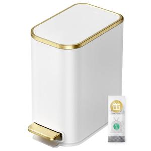 Cesun Small Bathroom Trash Can with Lid Soft Close, 5 Liter/1.3 Gallon Stainless Steel Garbage Can with Removable Inner Bucket, Step Pedal, Slim Waste Basket for Toilet, Office, Bedroom (White&Gold)