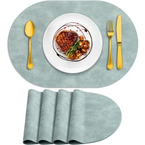 ADRIMER Placemats, Heat Resistant Oval Placemats Set of 4 Washable 12 x 17 Inch, Waterproof Table Mats, Wipeable Pu Place Mats for Kitchen, Dining Room, Light Blue