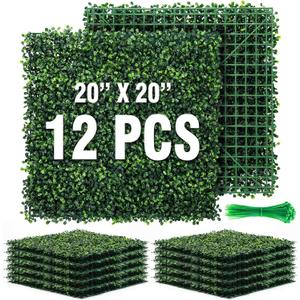 KASZOO 12Pack 20"x20" Artificial Boxwood Grass Backdrop Panels Topiary Hedge Plant, UV Protected Privacy Hedge Screen Faux Boxwood for Outdoor,Indoor,Garden,Fence,Backyard,Greenery Walls (12 Pack, 20in x 20in)