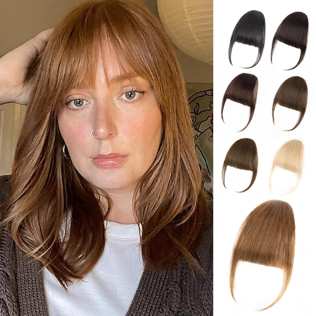 EINAEY Clip in Bangs, 100% Real Human Hair Fake Bangs Clip on Bangs Hairpieces for Women Wispy Bangs Light Auburn Brown Fringe with Temples Curved Clip in Hair Extensions for Daily Wear