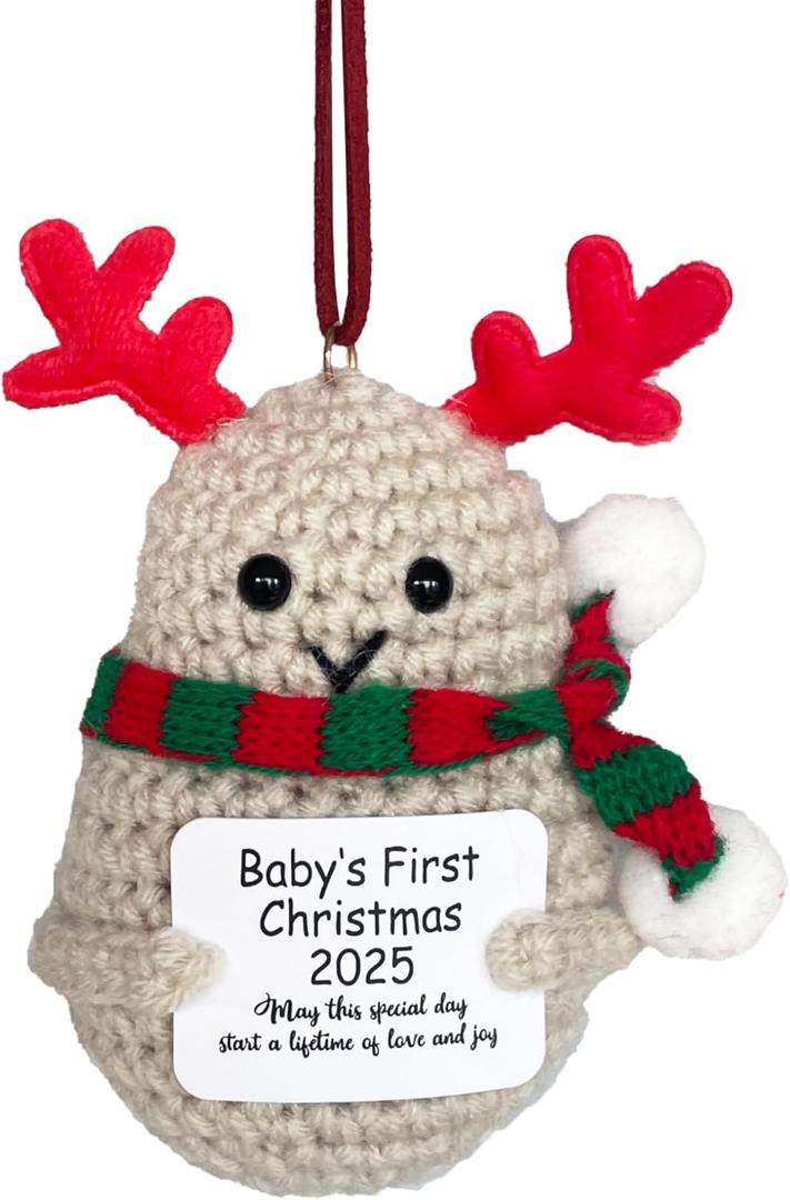 Baby's First Christmas Ornament 2025  Handcrafted Crochet Reindeer Tree Decoration for Newborns  Cute Baby Keepsake Gift with Red Antlers & Scarf