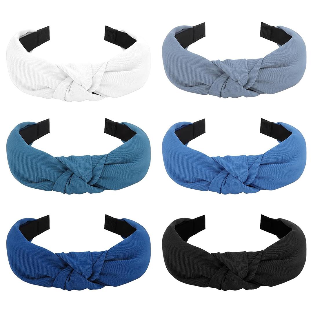 Knotted Headband for Women Non-slip Head Bands Top Knot Headbands Solid Colors Blue Headbands Fashion Hair Accessories for Women Girls, 6pc
