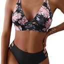 Fanuerg Women's Sexy V Neck Bikini Sets Hollow Out Two Piece Swimsuits Cutout Mid Waist Bathing Suit (XS,Black Floral)