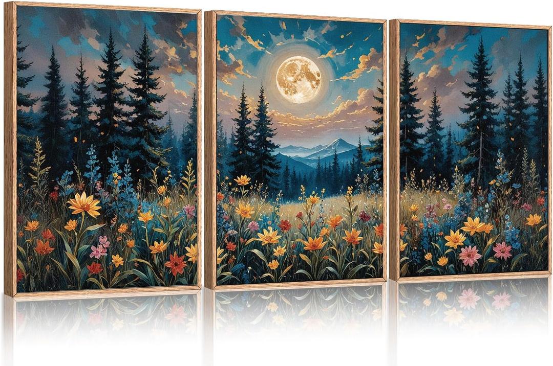 Large Nature Moon Wildflowers Framed Canvas Wall Art,Vintage Forest Flowers Wall Decor,Dark Mountain Night Painting,Wilderness Artwork for Living Room,Bedroom,Dining Room,Office -16"x24"x3