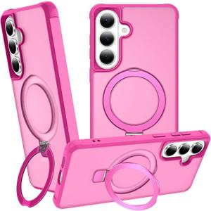 Magnetic Compatible with Samsung Galaxy S25 & S24 Case with Stand [Military Grade Drop][Compatible with Magnet] Ring Holder Translucent Slim Hard Back Soft Edge, Rose Red