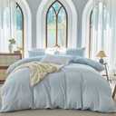 Striped Duvet Cover Set Full Size 3 Pcs 100% Washed Cotton Linen Like Textured Natural Wrinkle Comfy Breathable (Full, Classic Stripe-Light Blue/White)