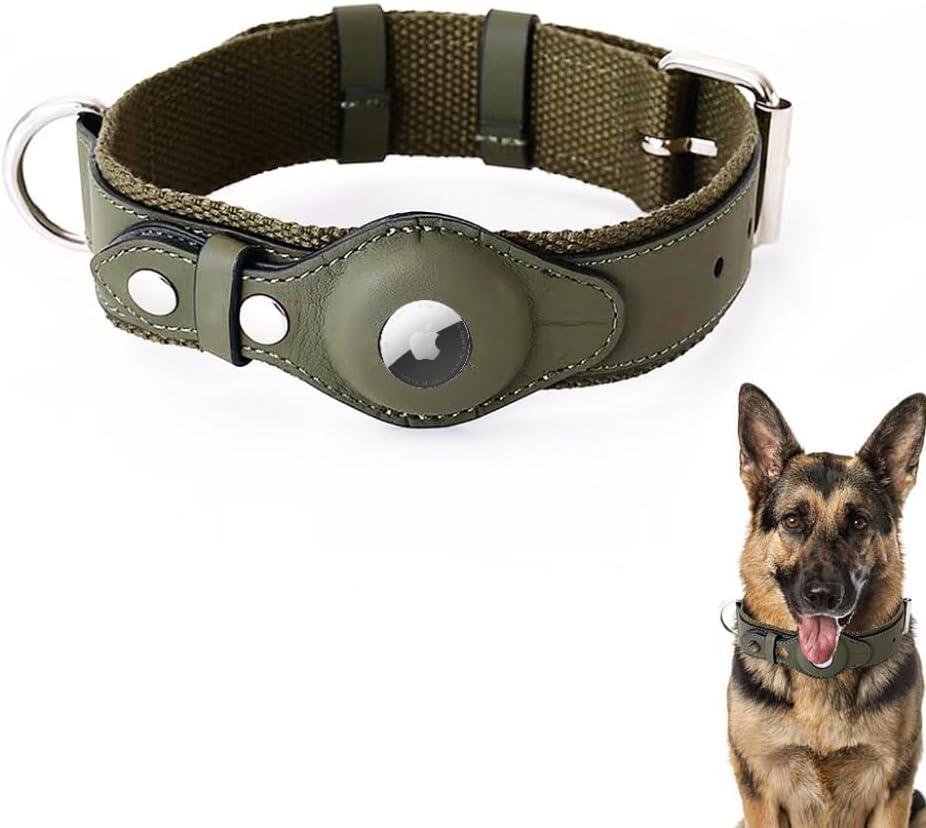 AirTag Dog Collar Soft Leather Webbing Dog Collar for AirTag Provides Double Protection for Small Medium and Large Dogs(Green,L)