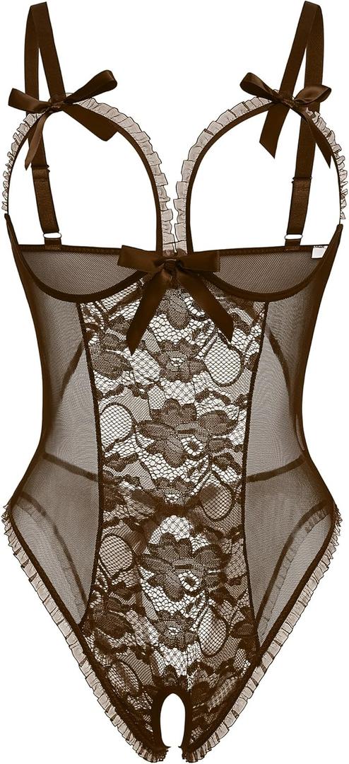 Avidlove Sexy Lingerie for Women One Piece Lace Babydoll Sleepwear Bodysuit (Large, Brown)