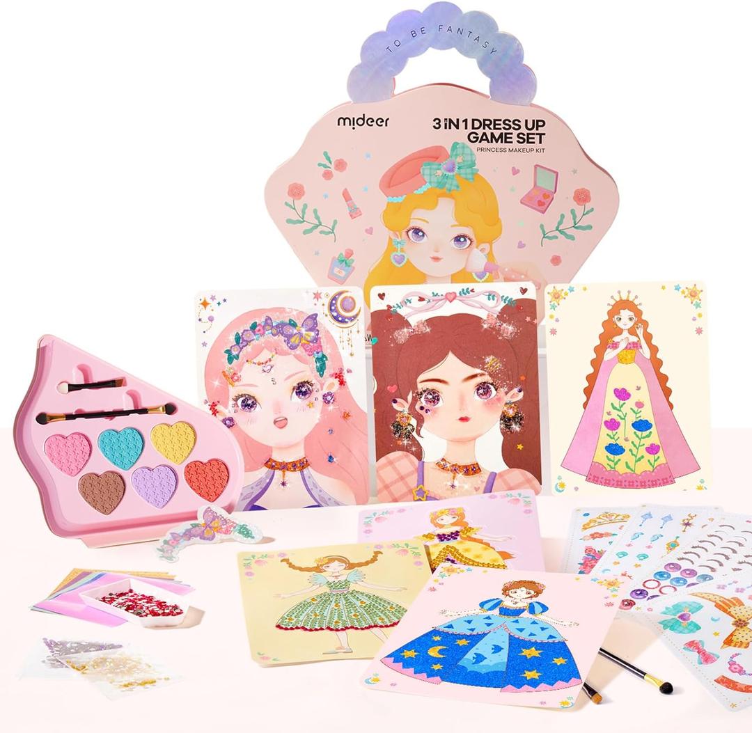 MiDeer 4-in-1 Dress Up Games Set, Princess Art Craft Kits with Makeup Books, Stickers & Diamond Painting, Mess-Free Safe DIY Art Activity, Travel Toys, Ideal Birthday for Girls 4-8+