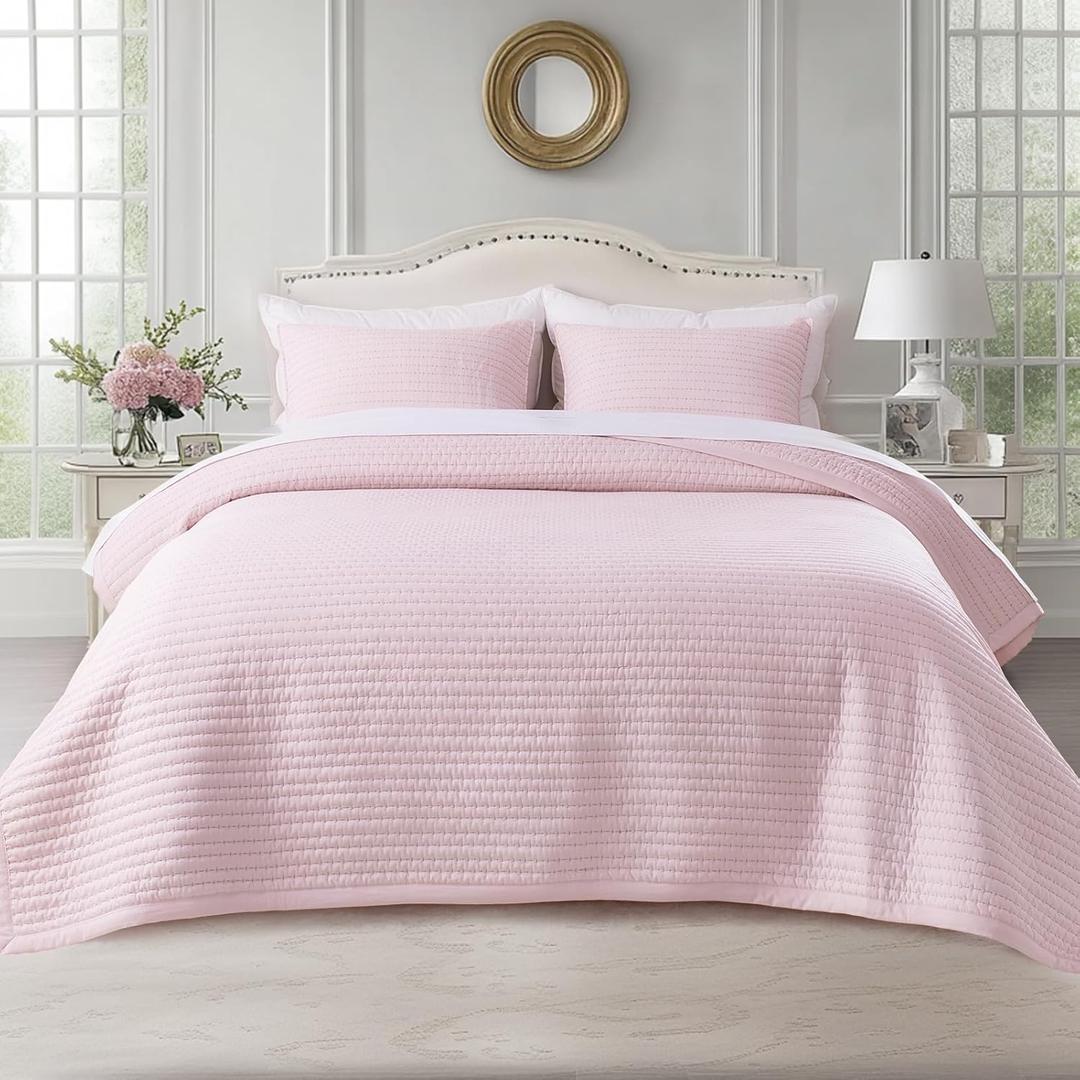KASENTEX Oversized Queen Quilt Set 102"x106"  Soft Washed 3-Layer Lightweight Bedspread, Minimalist Nordic Design, All-Season Spring & Summer Quilt Set (1 Quilt + 2 Pillow Shams), Pink