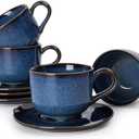 Ceramic 3.7oz Coffee Mugs Set of 4, Coffee Cups with Saucers, Cappuccino Cups with Saucers, Porcelain Coffee Mugs for Tea, Latte, Espresso (Blue)