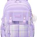 Cute Backpack for Girls, Large Capacity Kids Bookbag for Elementary Middle School Students Waterproof Kawaii Preppy Aesthetic Plaid Backpack Age 4-16 with Cute Accessories (Purple)