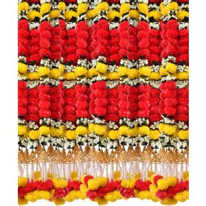 5 PC - 5 feet Marigold Garland with Bells Indian Diwali Decoration Dia De Los Muertos Day of Dead Wedding Decoration Faux Garlands Mantle Decoration (Red)