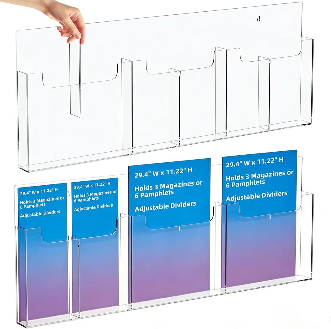Acrylic Brochure Holder with Adjustable Dividers, Converts Between 3 Magazine Holders or 6 Pamphlet Holders, Clear Display Rack Wall Mount for Flyers and Literature, for Office Waiting Room