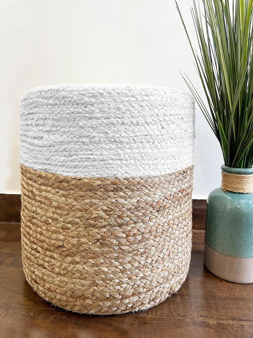 S & L Homes Pouf Ottoman - 100% Jute Braided Footrest Pouf Hand Knitted Traditional Cord Boho Pouffe for Living Room, Bedroom, Nursery, Patio, Lounge Colorblock - Natural Ivory (16x16x16)