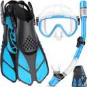 Ubekezele Snorkeling Gear for Adults Men Women, 4 in 1 Snorkel Set with Panoramic View Diving Mask Anti-Fog Anti-Leak, Dry Top Snorkel, Fins and Travel Bag for Swimming, Snorkeling and Travel Diving
(Small-Medium, Transparent Bule)