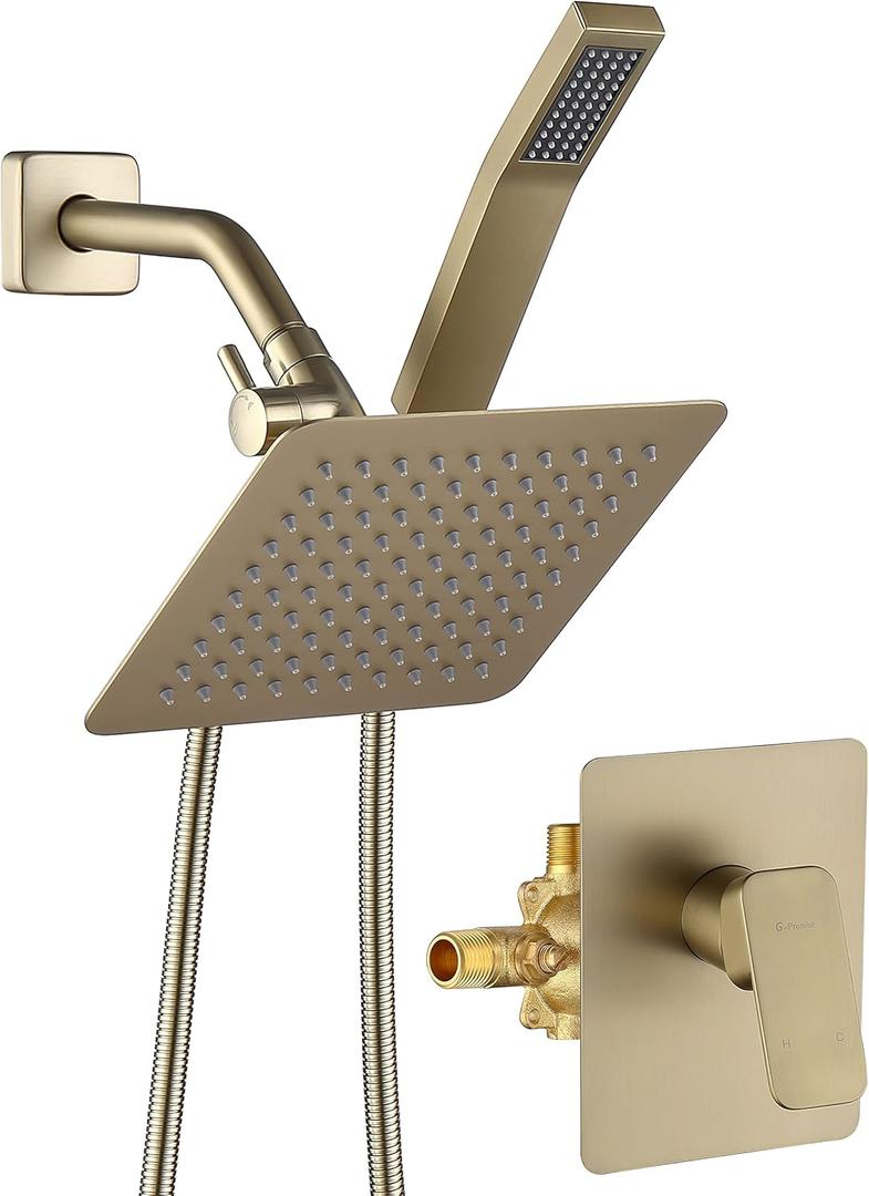 All Metal Shower Faucet Set, Dual Square Shower Head System with Handheld Wand & Rainfall Showerhead, Diverter, Hose Complete Combo, Pressure Balance Rough-in Valve Included (Brushed Gold)