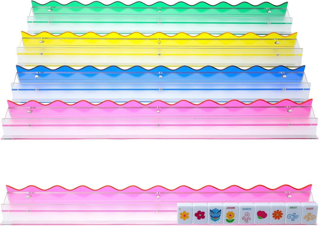 DoubleFill 4 Pack Mahjong Tile Rack & Pusher Set, Acrylic All-in-one Holders, Magnetic Mahjong Racks for Organizing Tiles, Easy to Use for Home Game Nights(Scalloped Edge,Colorful)
