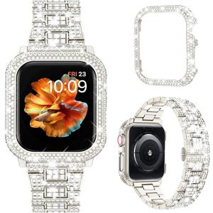 Mosonio Compatible with Bling Apple Watch Band Women with Shiny Metal Case, Full Sparking Luxury Diamond Bands and Cover Set, Charming Wedding Strap for iWatch Size: 45mm (Series 9/8/7) (Starlight)