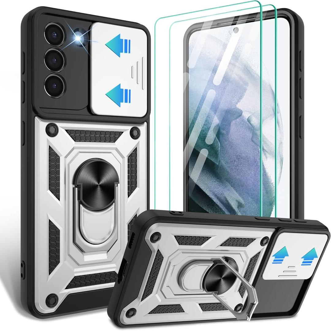 Gritup for Samsung Galaxy S21 Case with Slide Camera Cover & [HD Screen Protector×2],360°Rotation Ring Kickstand [Military Grade],Silver