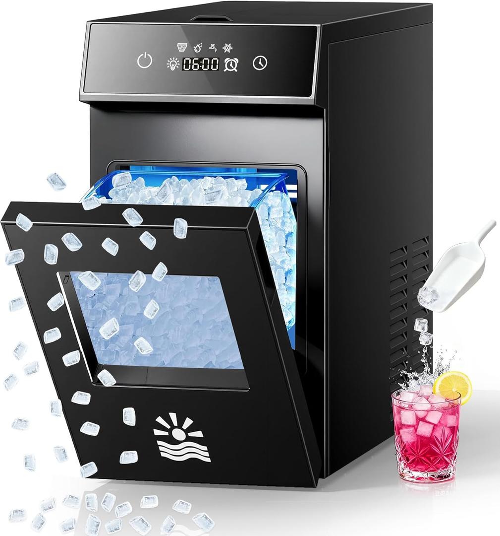 Nugget Ice Maker Countertop, Smart Pebble Ice maker with LCD Panel, 4min Making, 26lbs/24H Crushed Chewable Ice, Pellet ice maker with Timer Status Alert, Self-Cleaning, Chewy Ice for Home Party