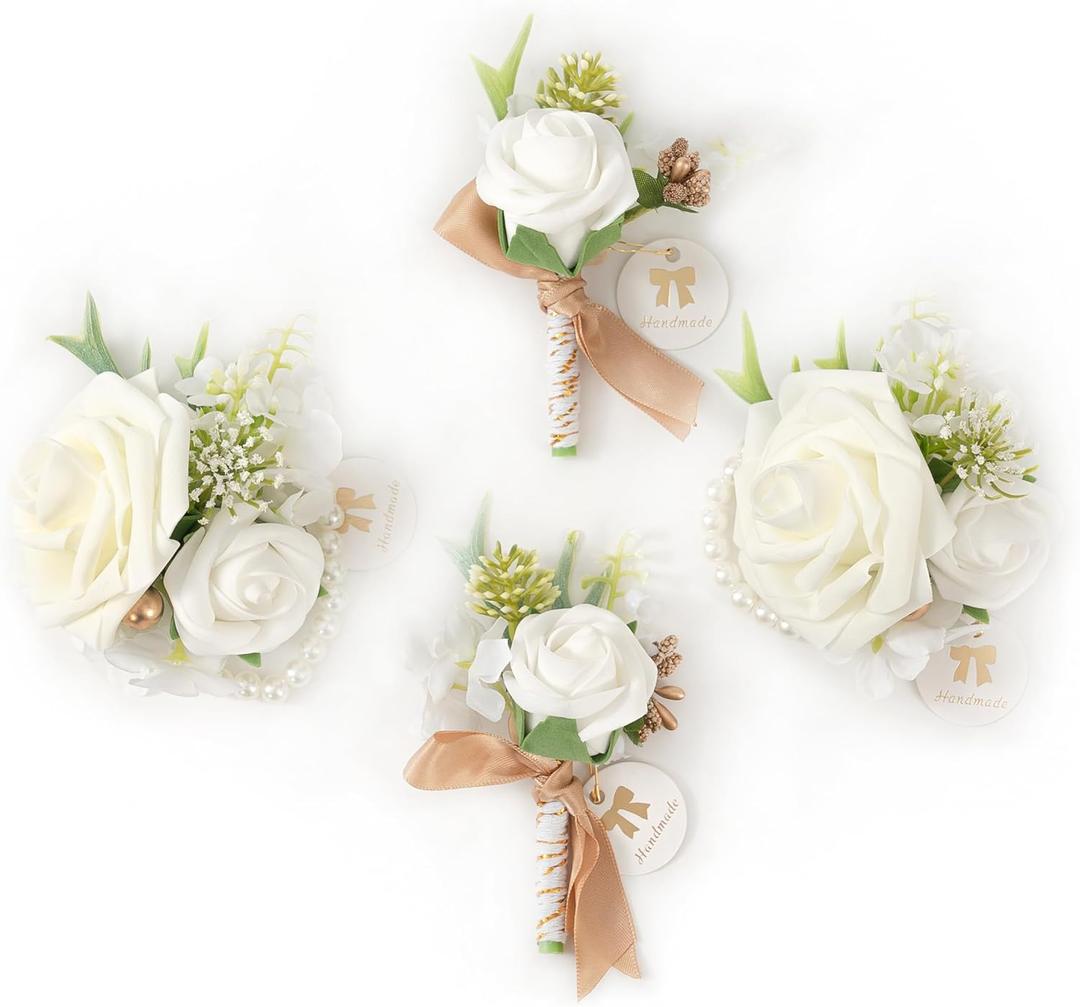 Corsage and Boutonniere Set(4-Pieces) Corsage for Prom,Groom and Best Man Boutonnieres for Wedding Ceremony Anniversary, Formal Dinner Party Homecoming Celebration(White)
