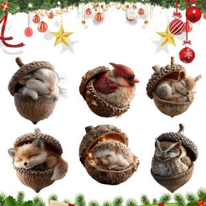 6Pcs Forest Animal Acorn Ornaments, Cozy Forest Christmas Ornaments, Pine Cone Animal Christmas Tree Hangning Ornaments, 2D Acrylic Christmas Decorations for Home Decor