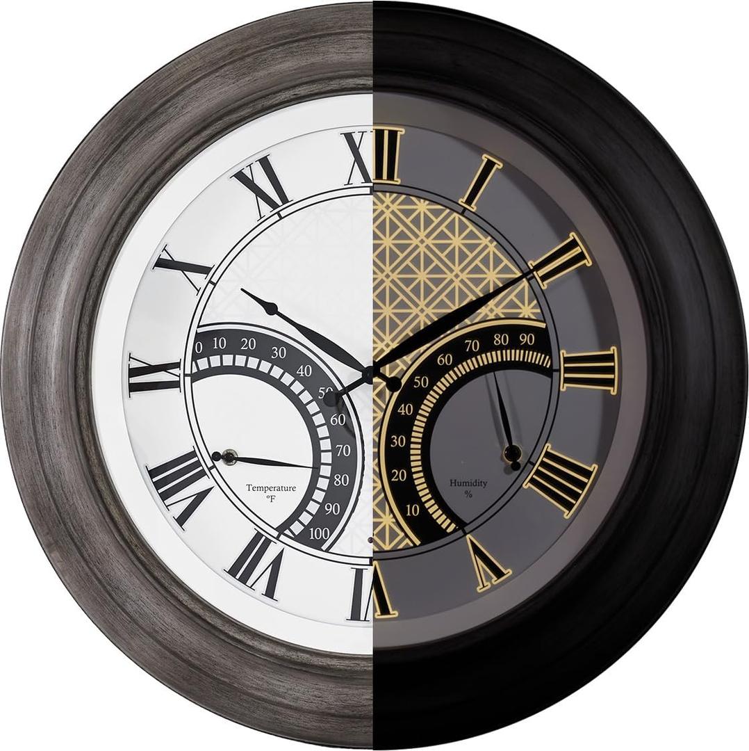 24 Inch Outdoor Clocks Waterproof,Large Outdoor Wall Clocks for Garden Patio Pool, Modern Lighted Metal Clock Battery Operated with Thermometer&Hygrometer, Gray Oak Wooden Non Ticking