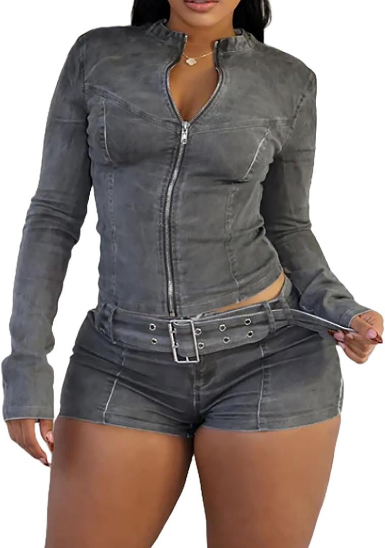 Denim Outfits for Women 2 Piece Casual Long Sleeve Zip Up Cropped Jacket Skinny Jean Shorts Set with Belt, Grey Large