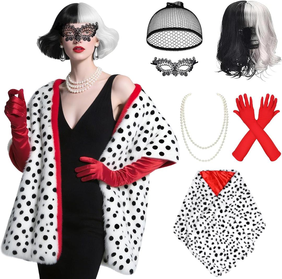 Halloween Costumes for Women Adult - 2025 Halloween Cosplay Costumes Set, Black and White Dalmatian Costume with Shawl Gloves Wigs Mask Pearl Necklace Set for Women Girls Halloween Party Supplies
