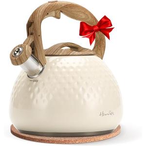 harriet Tea Kettle, Tea Pot for Stovetop, 2.5QT Whistling Kettle with 5-Layers bottom, Food Grade Stainless Steel Kettles with Hot-Resistant Handle Gas Electric Applicable (Beige White Glossy)