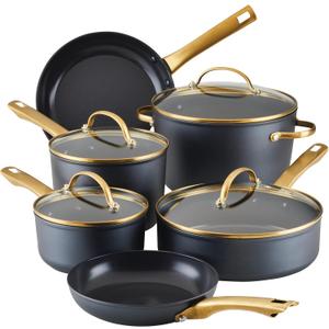 Farberware Forged Induction Ceramic Nonstick Pots and Pans Set with Lids and Kitchen Cooking Tools - Dishwasher Safe, Suitable for All Stovetops, 12 Piece Cookware Set - Black and Gold