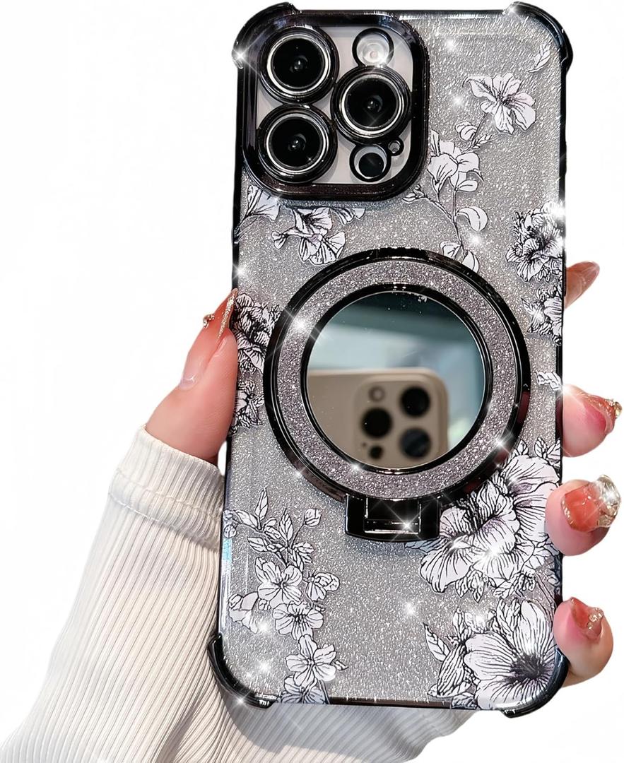 for iPhone 15 Pro Case with Diamond Mirror Kickstand,[Reinforced Conner Bumper][Glitter Bling Floral Design] Luxury Shinny Electroplated Edge for Women Girls-Black