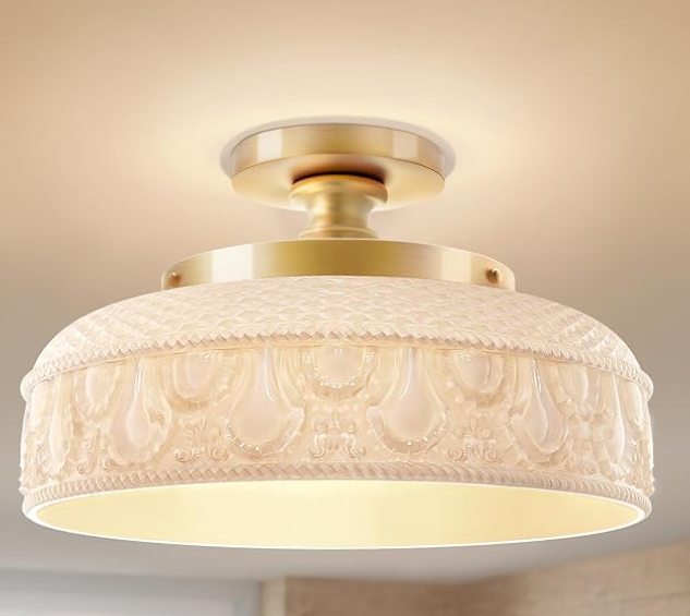Lamomo Semi Flush Mount Ceiling Light,White Glass Shade Gold Hallway Light Fixture,3-Bulb Globe Glass Close to Ceiling Scone,Indoor Hanging Light for Bedroom Kitchen Porch Hallway,Bulbs Not Included