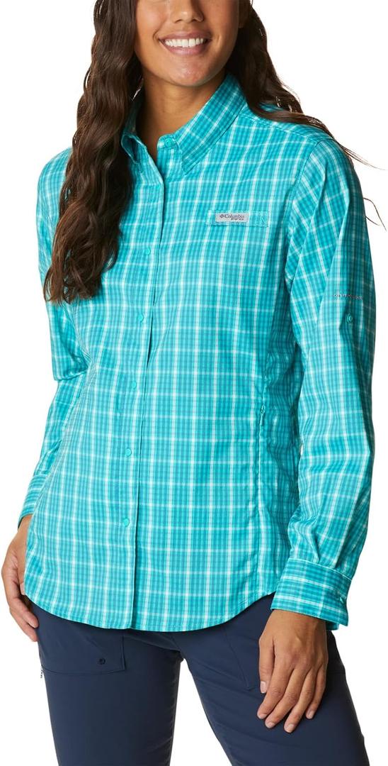 Columbia Women's Super Tamiami Long Sleeve Shirt, Deep Marine Gingham, Medium