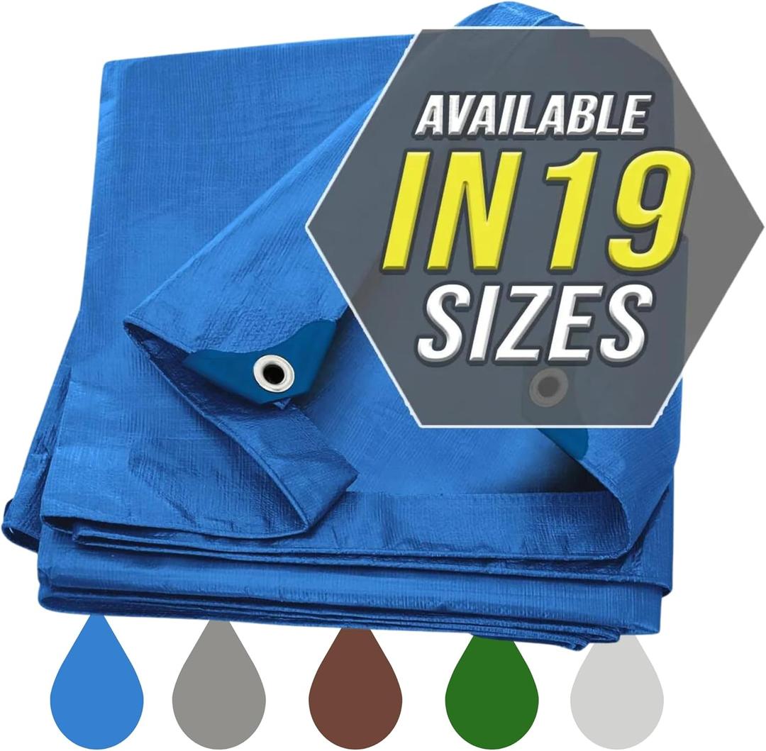 Large Waterproof Tarp Thick Poly Tarpaulin Ideal for Canopy Tents, Boats, RV or Pool Covers - Multipurpose Protective Tarps with Grommets for Indoor and Outdoor Use | 8' x 10' (Blue-lightweight Protection)