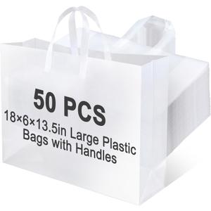 Klyyo Clyro 50 Pack 18 6 13.5 Inch Frosted Plastic Gift Bags with Handle Large Reusable Frosted Plastic Shopping Bags for Small Business, Boutiques, Retail, Wedding Party Favors (White Clear)