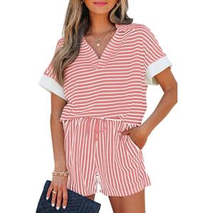 KevaMolly Womens Lounge Sets V Neck Tee and Casual Short Set Casual Pocket Decoration Two Piece Sets (Pink, S)