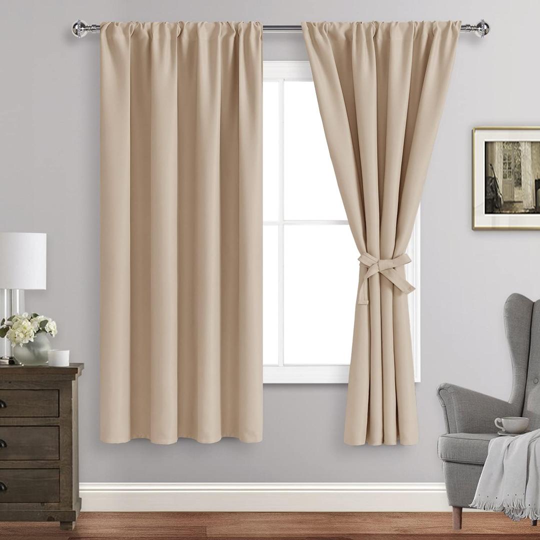 JIUZHEN Blackout Curtains for Bedroom Thermal Insulated,Noise Reducing Room Darkening Rod Pocket Curtains for Living Room, Set of 2 Panels with Tiebacks, 42 x 63 inch Long, Beige