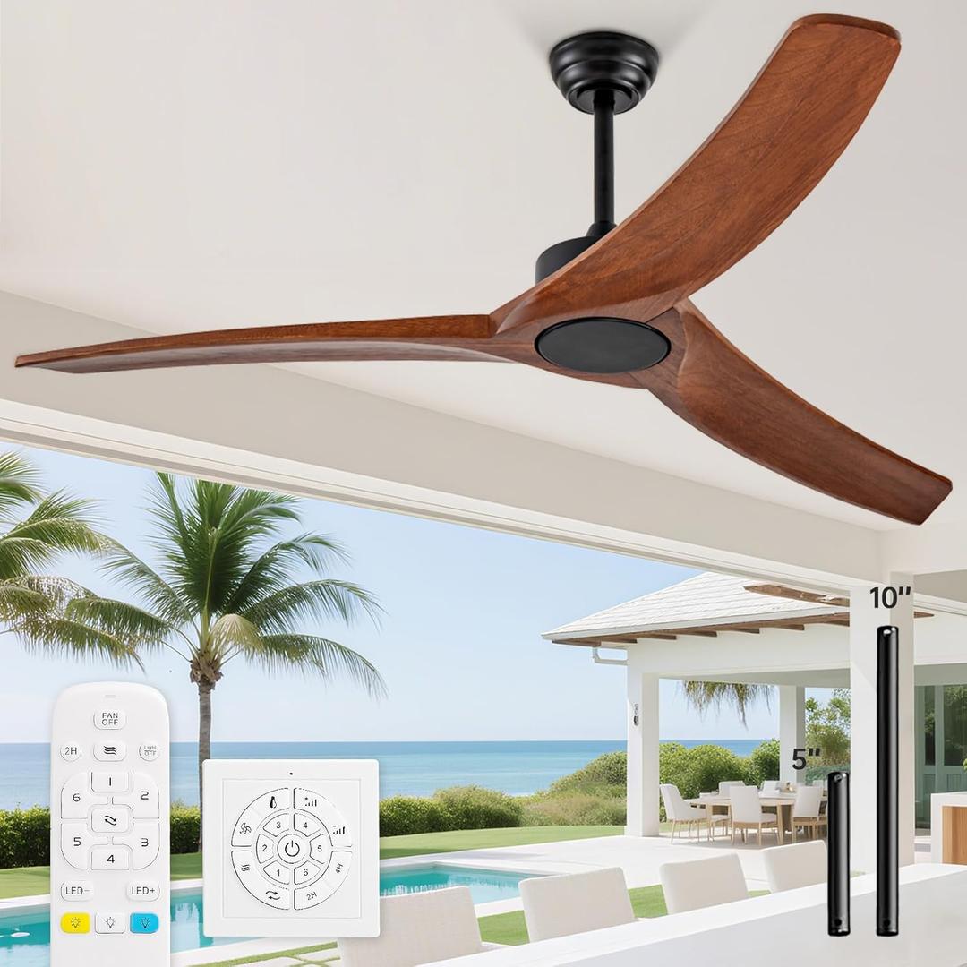 60 Inch Outdoor Ceiling Fan Without Light,Solid Wood 3 Blade Ceiling Fan No Light with Wall Control Switch/Remote,Noiseless DC Motor,Walnut Propeller for Patios,Farmhouse,Living Room,Bedroom