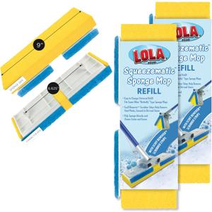Lola Products Squeeze Matic Butterfly Sponge Mop Refill, 9", Replacement Head, Floor Cleaning, Comparable w/Quickie Type S Sponge Mop Refill, 2 Pack