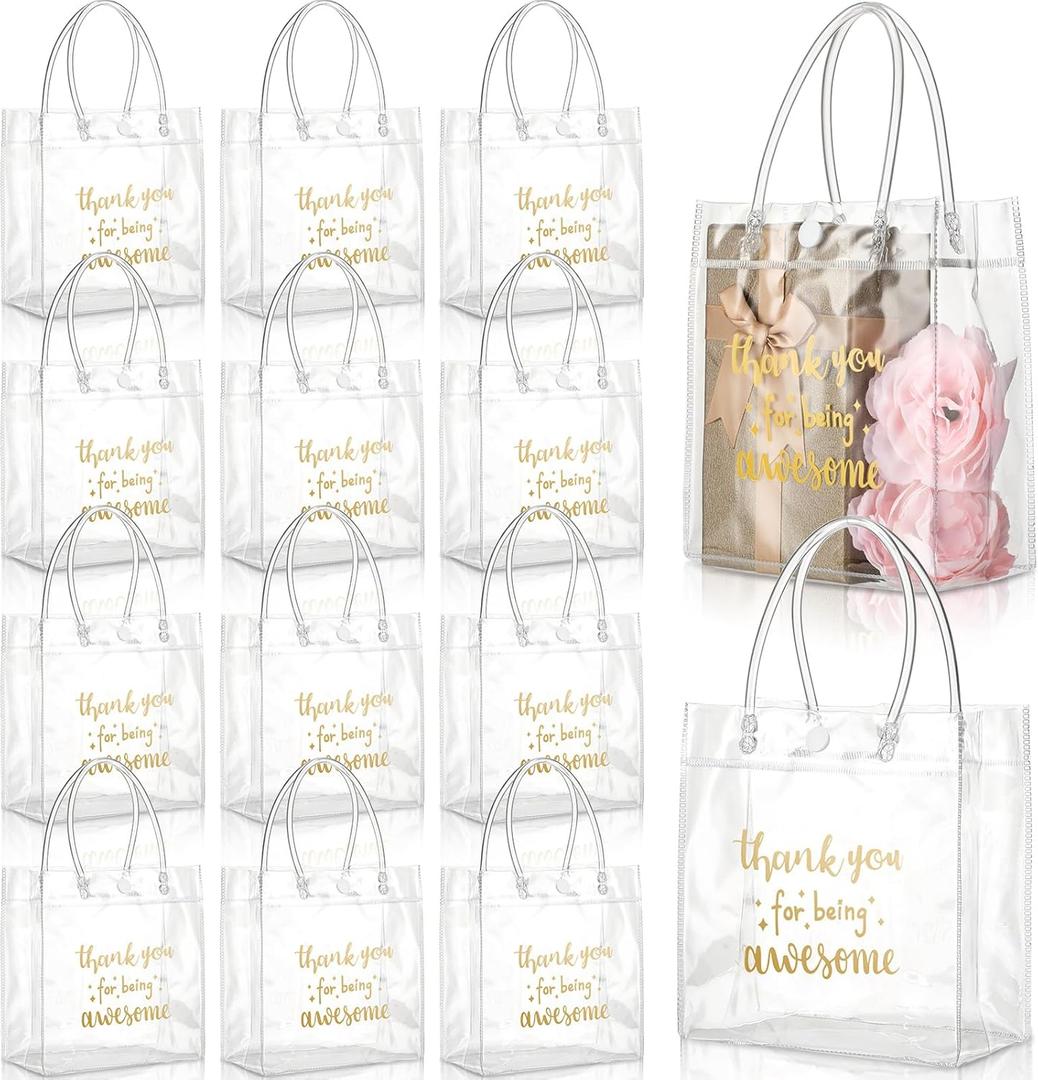 30 Pack Clear Gift Bags Bulk with Handle Thank You for Being Awesome Bags Transparent PVC Wrap Handbag Reusable Party Favor Handbag for Employee Wedding Bridal Shower Graduation, 5.9'' x 6.3'' x 2.8''