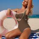 ZAFUL Bikini Sets for Women Color Block Ruched Bandeau Bikini V Neck Tummy Control Swimsuit Romper 2 Piece Bathing Suit 0-Brown S (S)