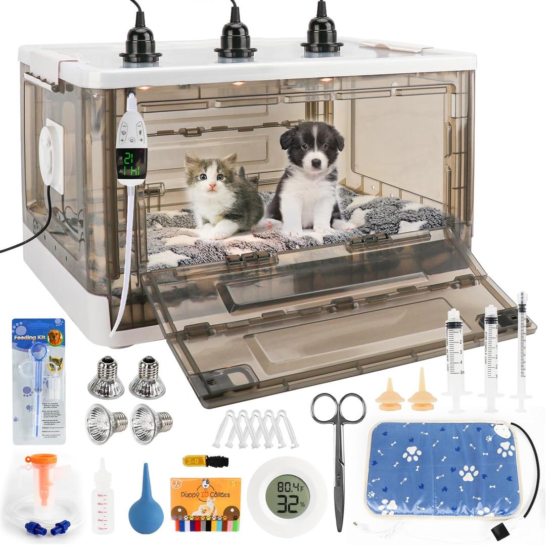 HKDQ Puppy Incubator with Heating - 2026 New Puppy Incubators, Temperature Control & Quiet Ventilation, Kitten Incubators, Incubator for Puppies with 3Heat Lamp (23"x17"x14")
