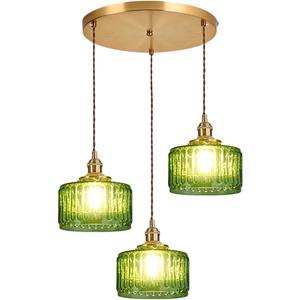 3-Light Modern Chandelier Green Glass Pendant Light mid Century Sputnik Glass Globe Pendant Light with Green Striped Glass Shade,Gold Adjustable Ceiling Pendant Lamp Dining Room